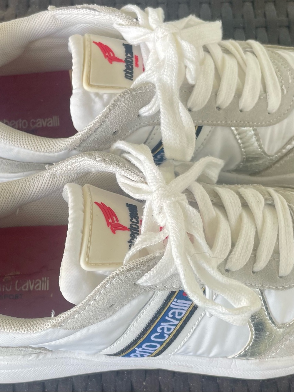 🔥 Roberto Cavalli White and Silver Athletic Sneakers with Pink  Retail $395